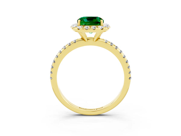 Yellow gold Cushion Cut Emerald Halo Ring with Round Pavé Band and Prong Setting
