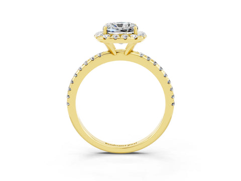 Yellow gold Cushion Cut Halo Round Diamond Pavé Band Four-Prong Ring_15