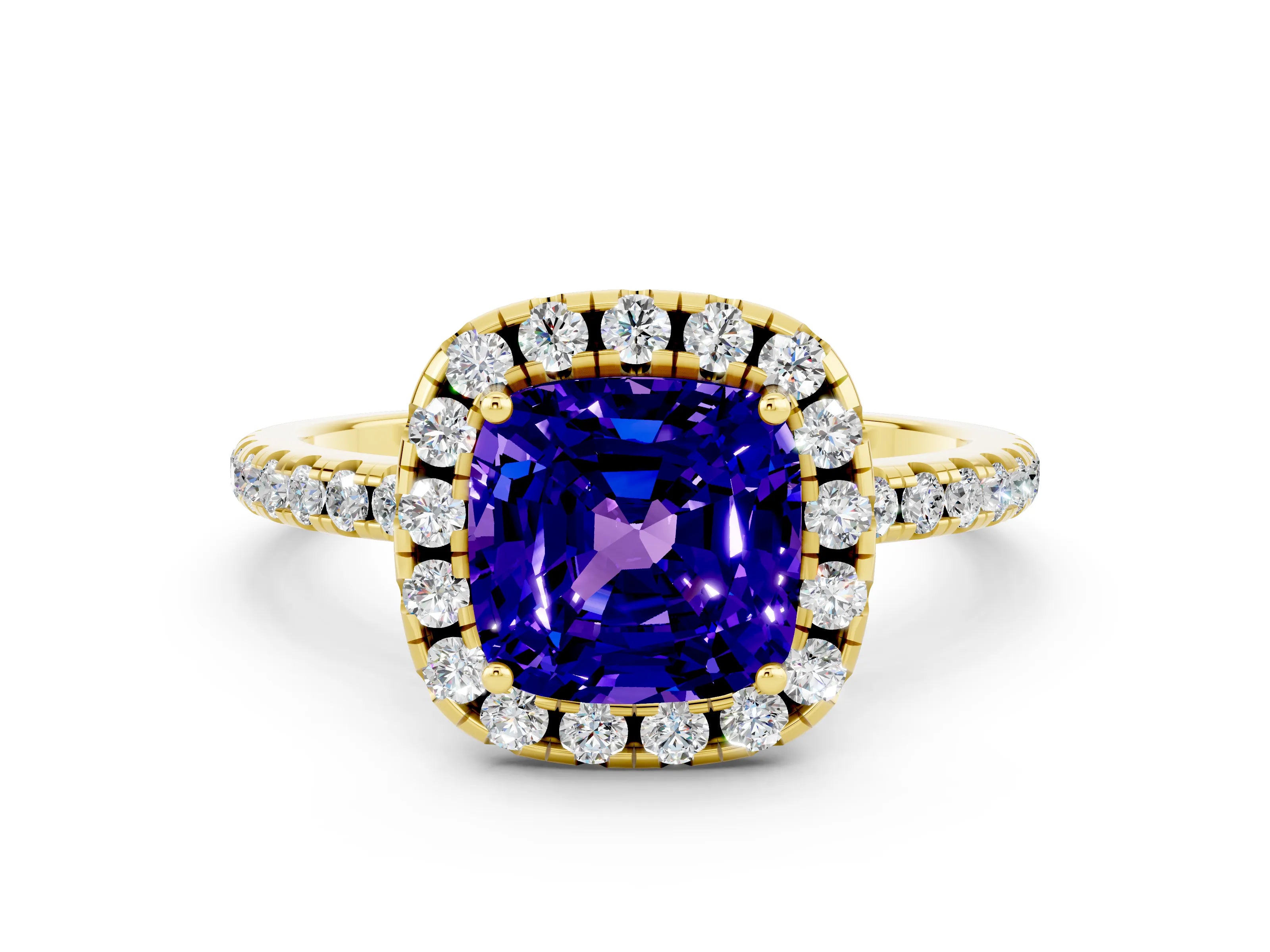 Yellow gold Cushion Cut Halo Round Diamond Pavé Band Four-Prong Ring