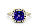 Yellow gold Cushion Cut Halo Round Diamond Pavé Band Four-Prong Ring
