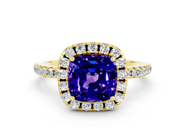 Yellow gold Cushion Cut Tanzanite Halo Ring with Round Pavé Band and Prong Setting