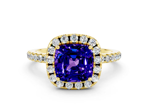 Yellow gold Cushion Cut Halo Round Diamond Pavé Band Four-Prong Ring