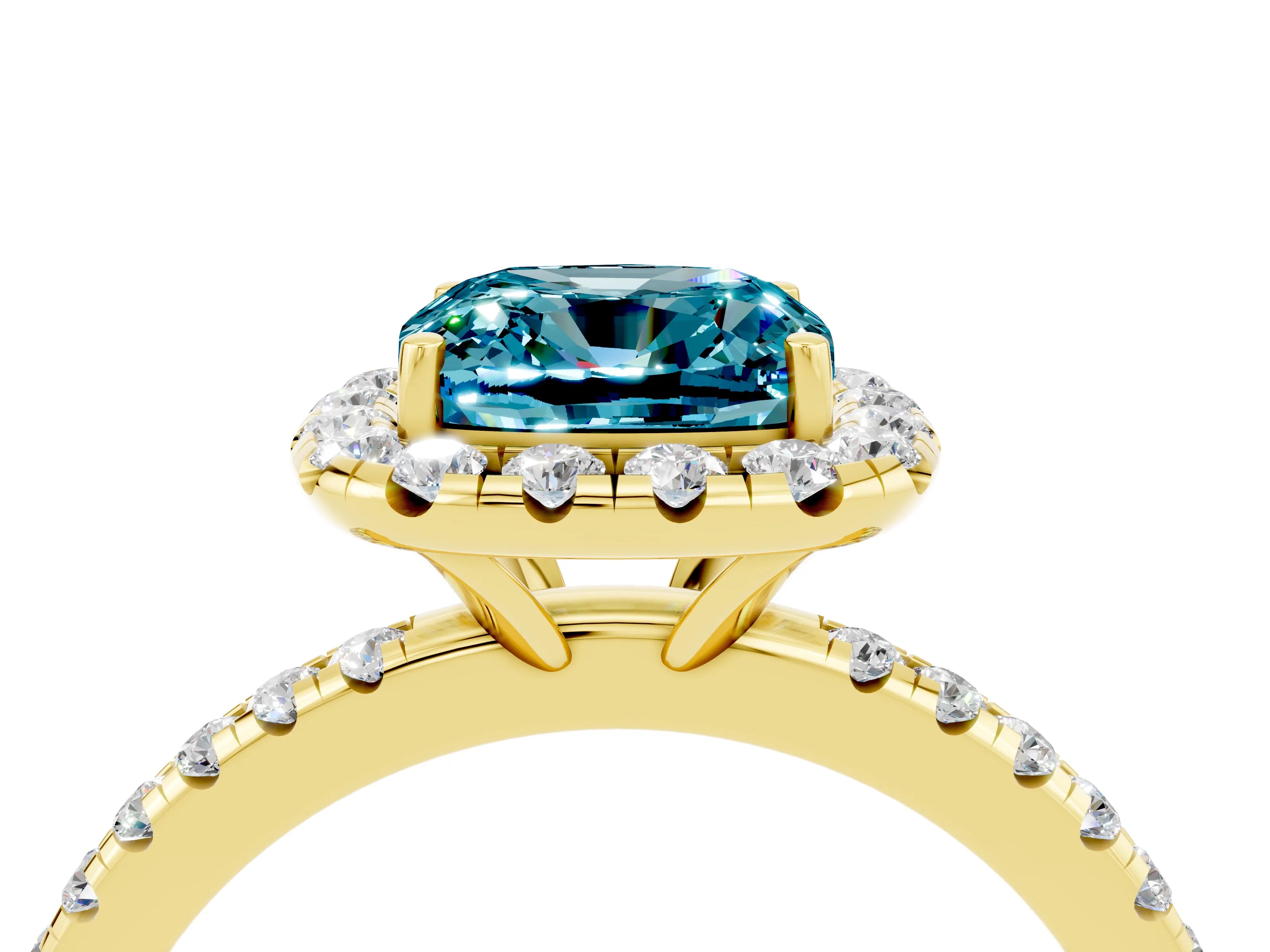Yellow gold Cushion Cut Halo Round Diamond Pavé Band Four-Prong Ring_16