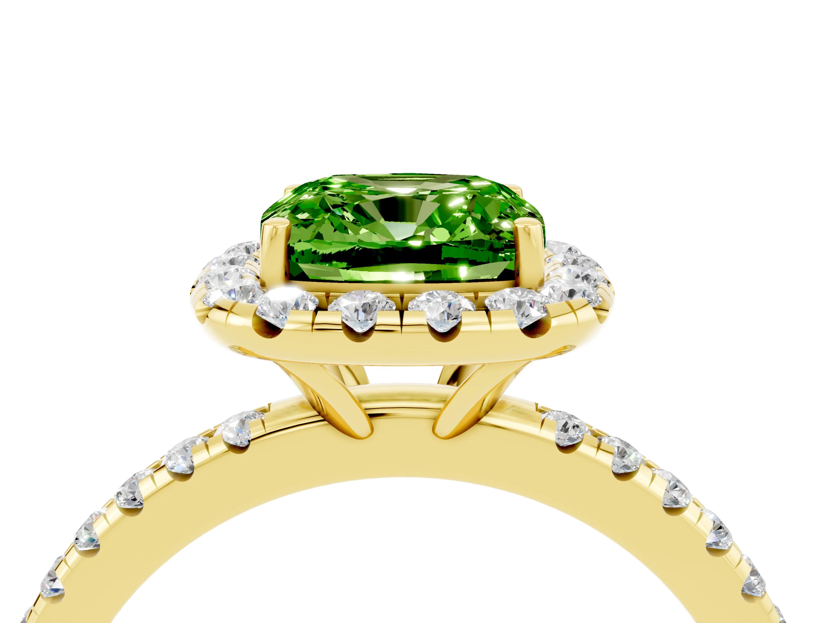 Yellow gold Cushion Cut Halo Round Diamond Pavé Band Four-Prong Ring_16