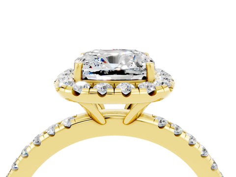 Yellow gold Cushion Cut Halo Round Diamond Pavé Band Four-Prong Ring_16