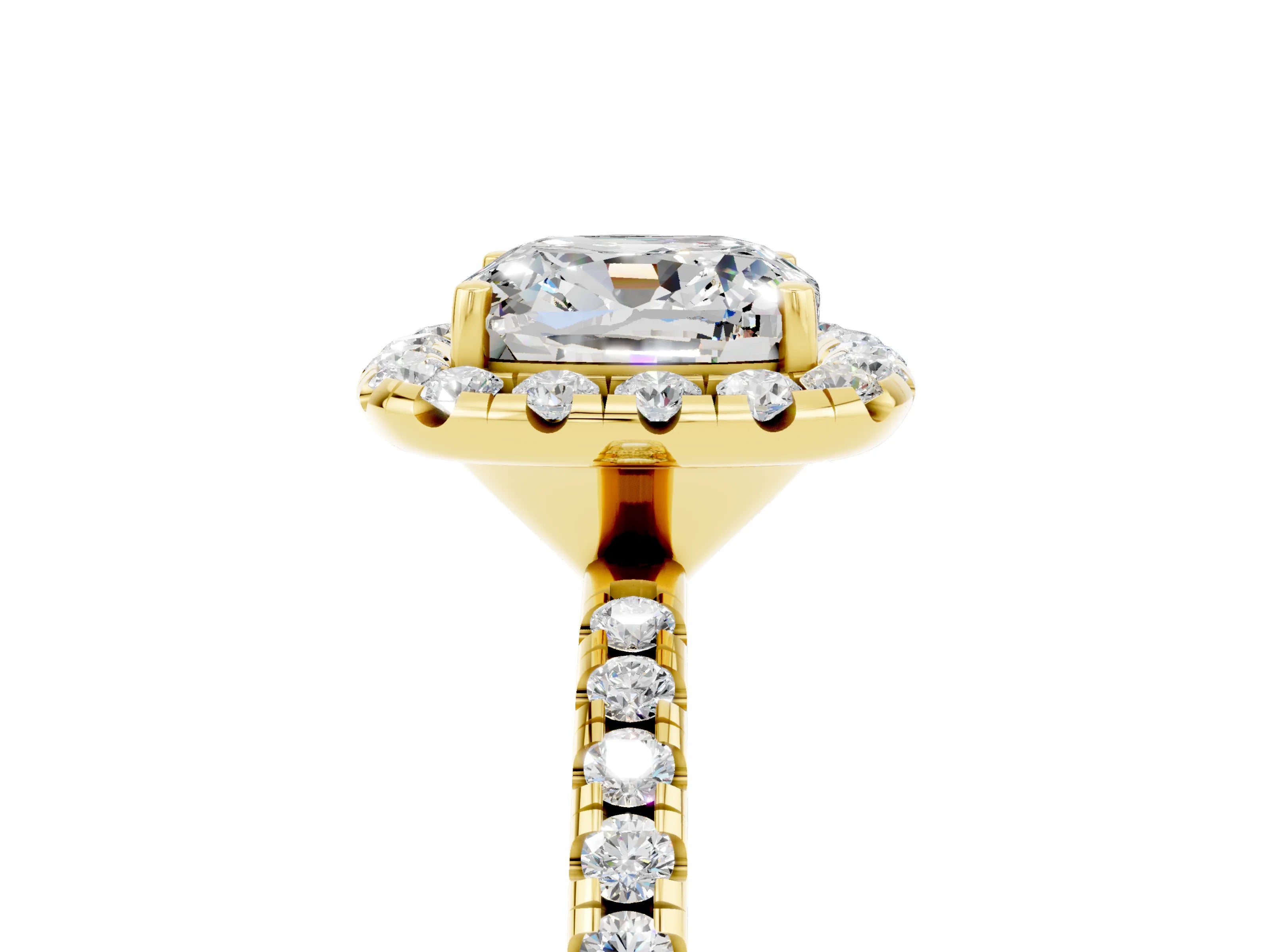 Yellow gold Cushion Cut Halo Round Diamond Pavé Band Four-Prong Ring_17