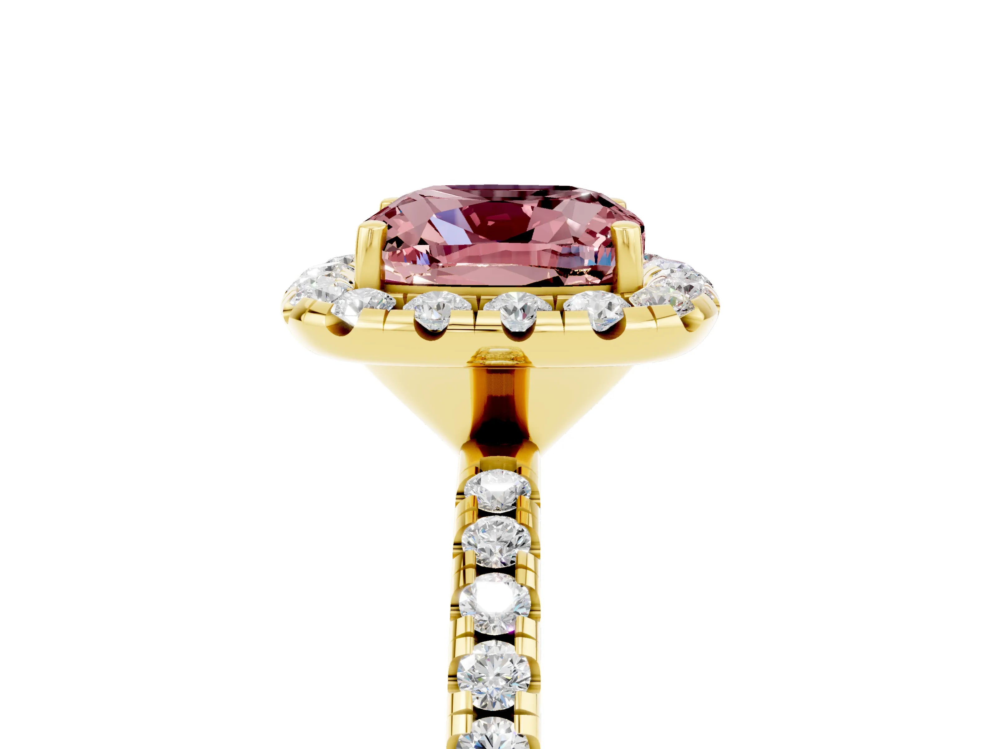 Yellow gold Cushion Cut Halo Round Diamond Pavé Band Four-Prong Ring_17
