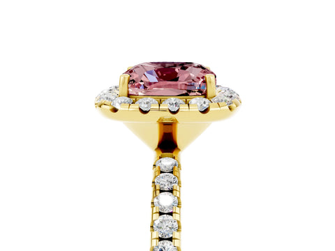 Yellow gold Cushion Cut Halo Round Diamond Pavé Band Four-Prong Ring_17