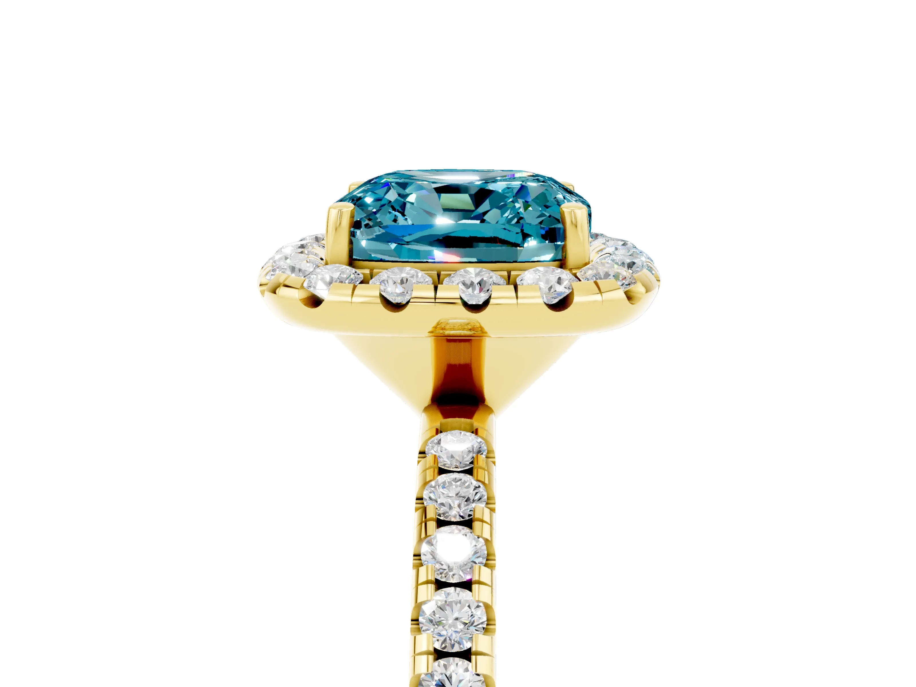 Yellow gold Cushion Cut Halo Round Diamond Pavé Band Four-Prong Ring_17