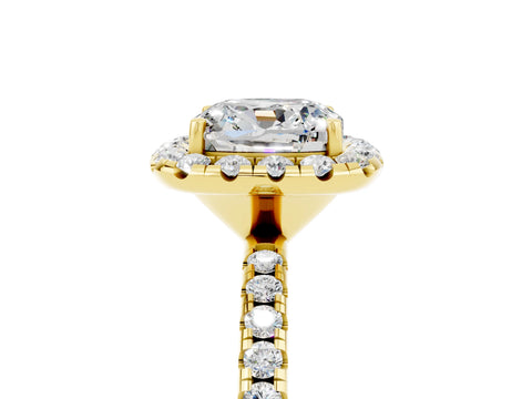 Yellow gold Cushion Cut Halo Round Diamond Pavé Band Four-Prong Ring_17