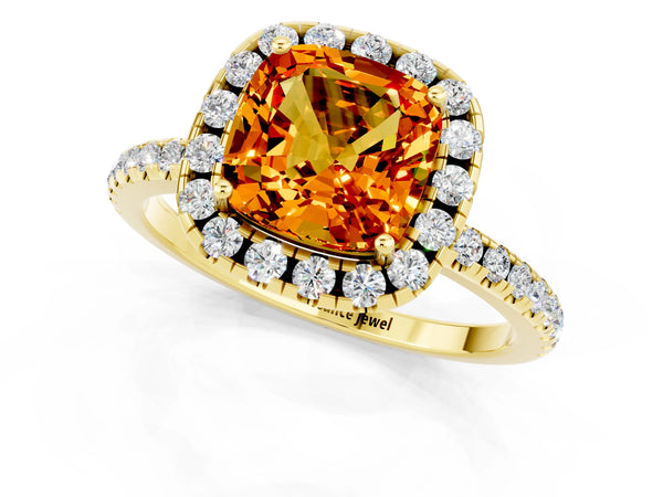Yellow gold Cushion Cut Citrine Halo Ring with Round Pavé Band and Prong Setting