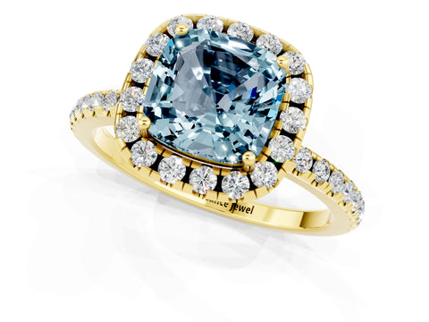 Yellow gold Cushion Cut Halo Round Diamond Pavé Band Four-Prong Ring_1