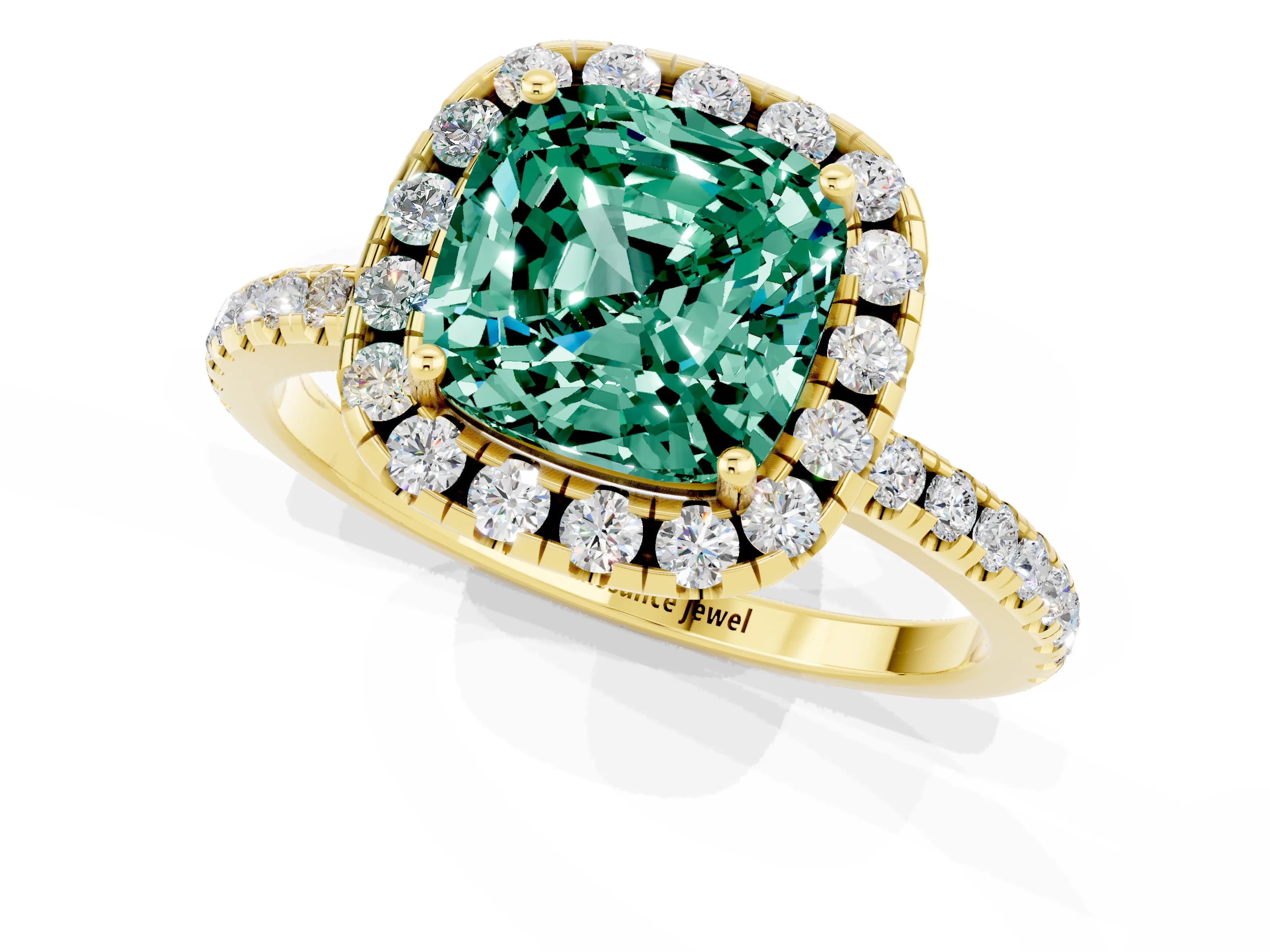 Yellow gold Cushion Cut Halo Round Diamond Pavé Band Four-Prong Ring_1