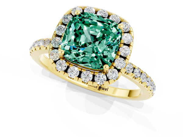 Yellow gold Cushion Cut Green Sapphire Halo Ring with Round Pavé Band and Prong Setting