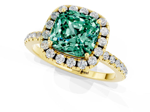 Yellow gold Cushion Cut Halo Round Diamond Pavé Band Four-Prong Ring_1