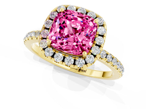 Yellow gold Cushion Cut Halo Round Diamond Pavé Band Four-Prong Ring_1