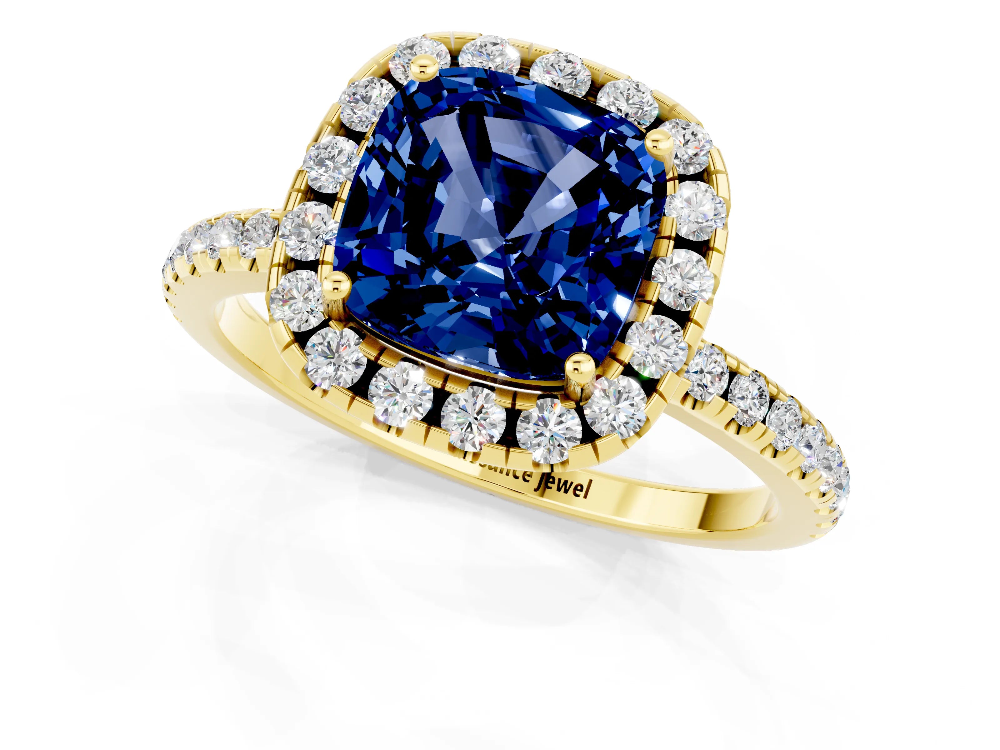 Yellow gold Cushion Cut Halo Round Diamond Pavé Band Four-Prong Ring_1