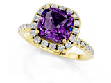 Yellow gold Cushion Cut Halo Round Diamond Pavé Band Four-Prong Ring_1