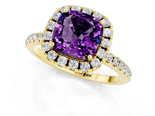 Yellow gold Cushion Cut Amethyst Halo Ring with Round Pavé Band and Prong Setting
