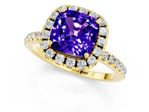 Yellow gold Cushion Cut Tanzanite Halo Ring with Round Pavé Band and Prong Setting
