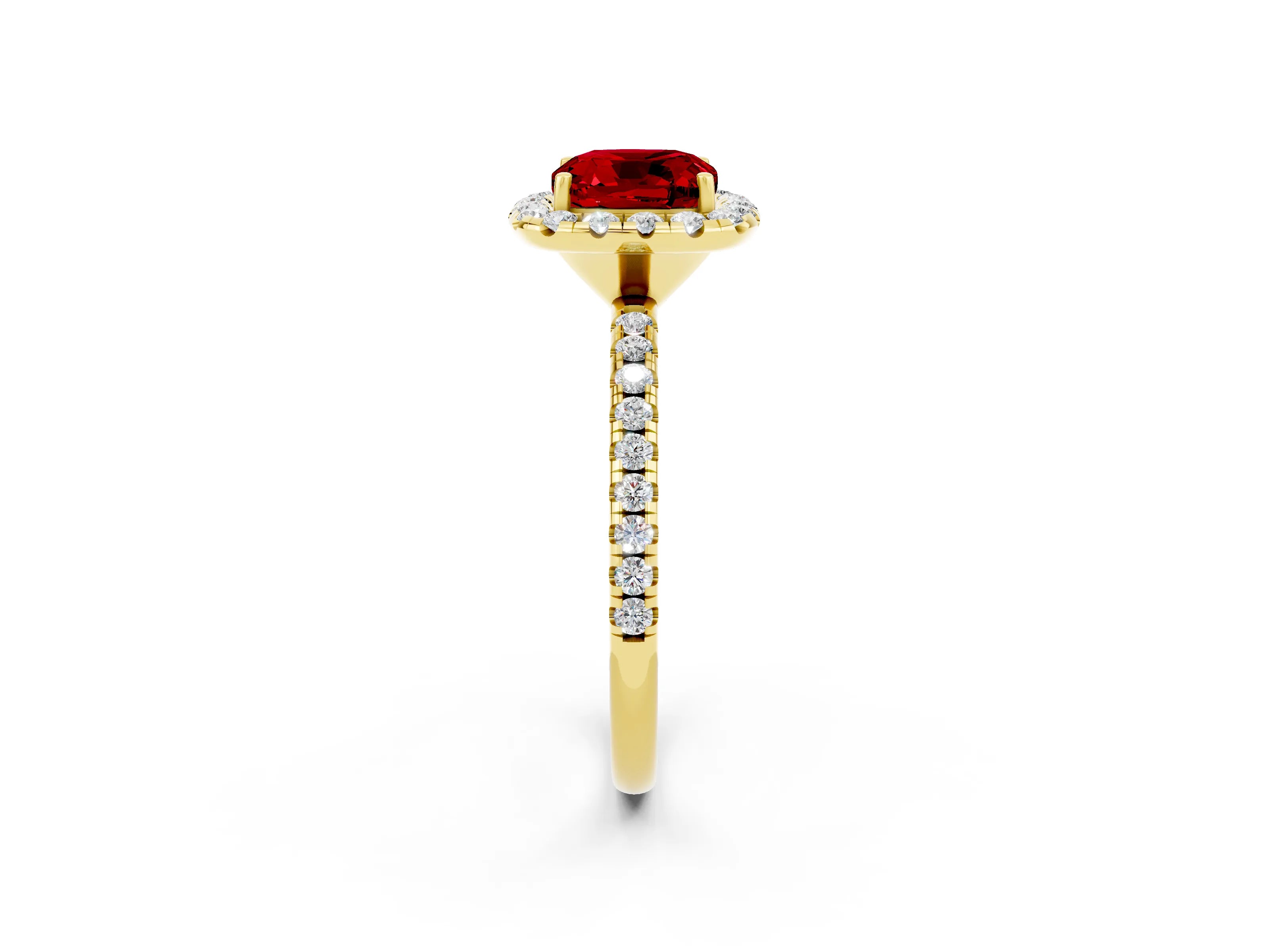Yellow gold Cushion Cut Halo Round Diamond Pavé Band Four-Prong Ring_2