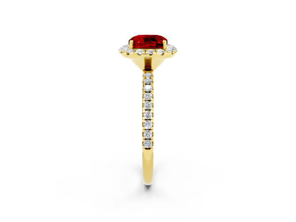 Yellow gold Cushion Cut Halo Round Diamond Pavé Band Four-Prong Ring
