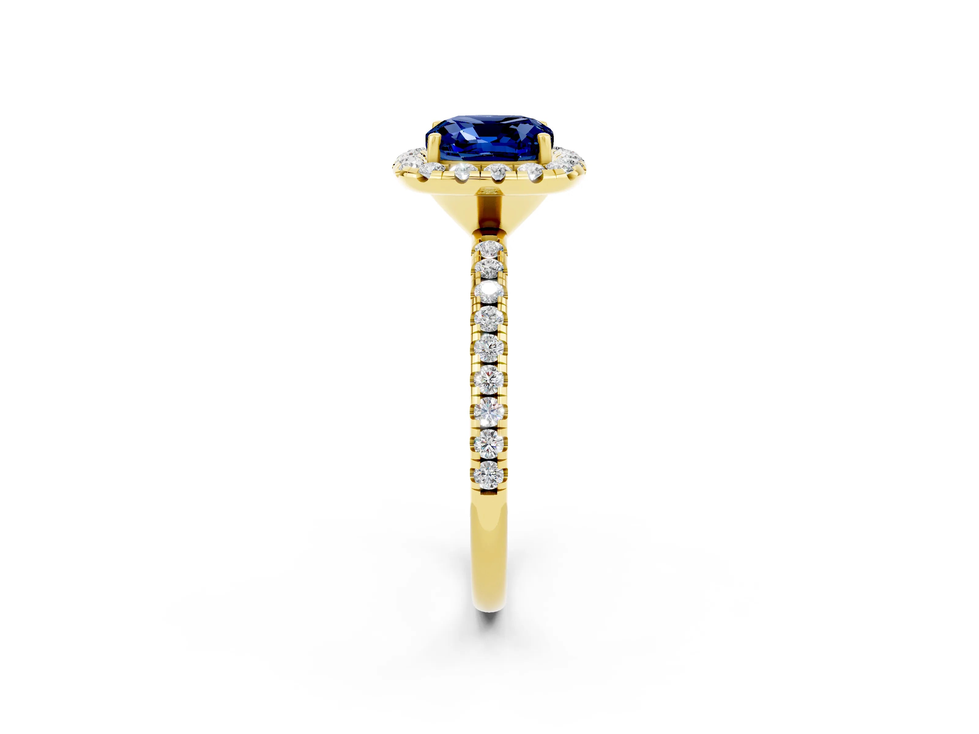 Yellow gold Cushion Cut Halo Round Diamond Pavé Band Four-Prong Ring_2