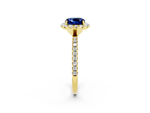 Yellow gold Cushion Cut Halo Round Diamond Pavé Band Four-Prong Ring_2