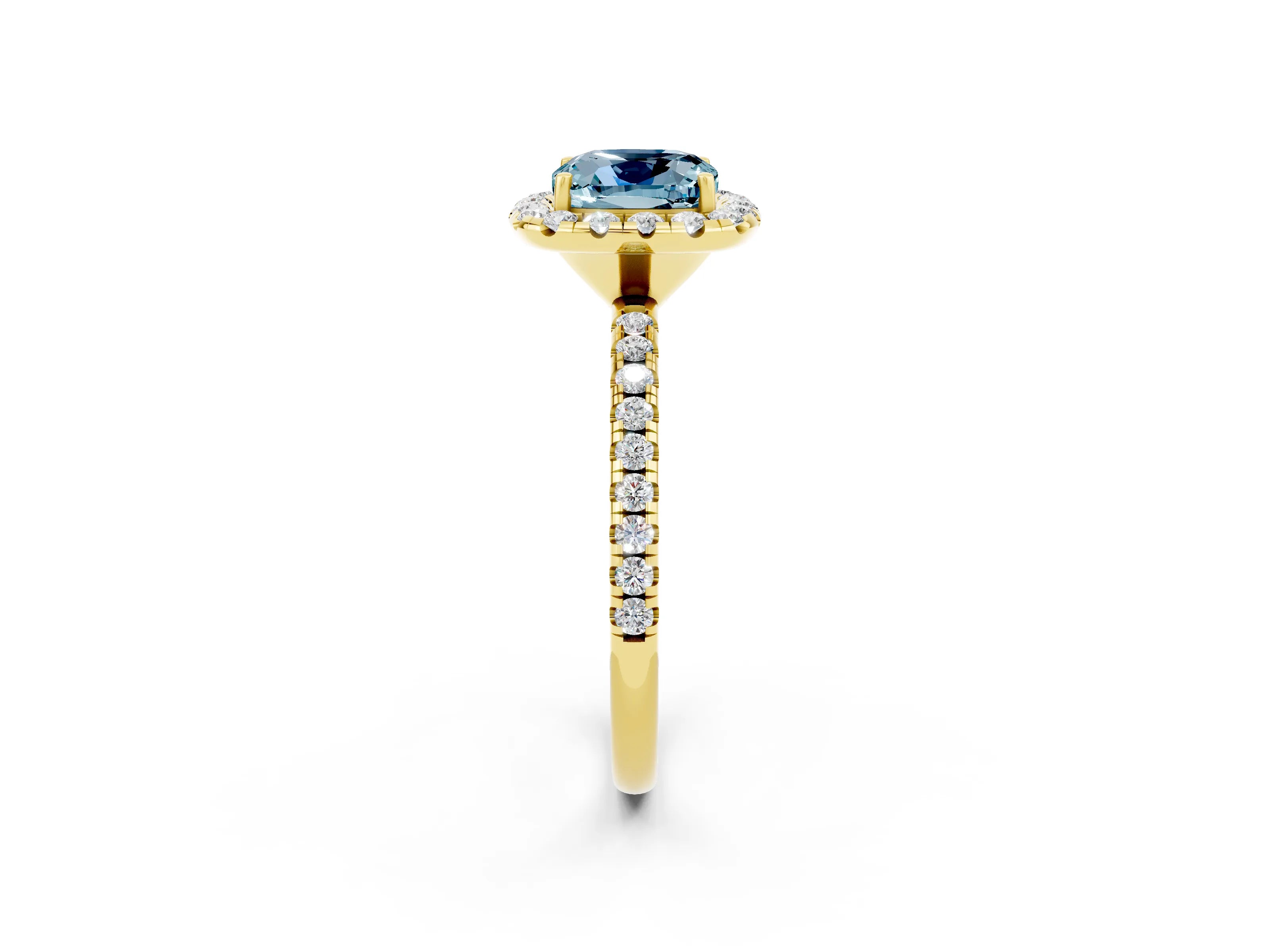 Yellow gold Cushion Cut Halo Round Diamond Pavé Band Four-Prong Ring_2