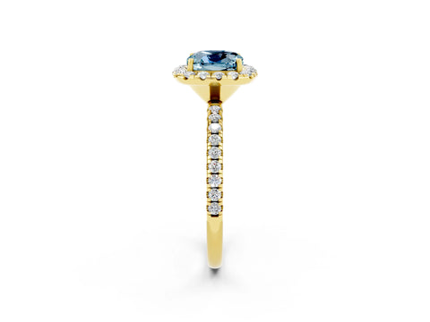 Yellow gold Cushion Cut Halo Round Diamond Pavé Band Four-Prong Ring_2