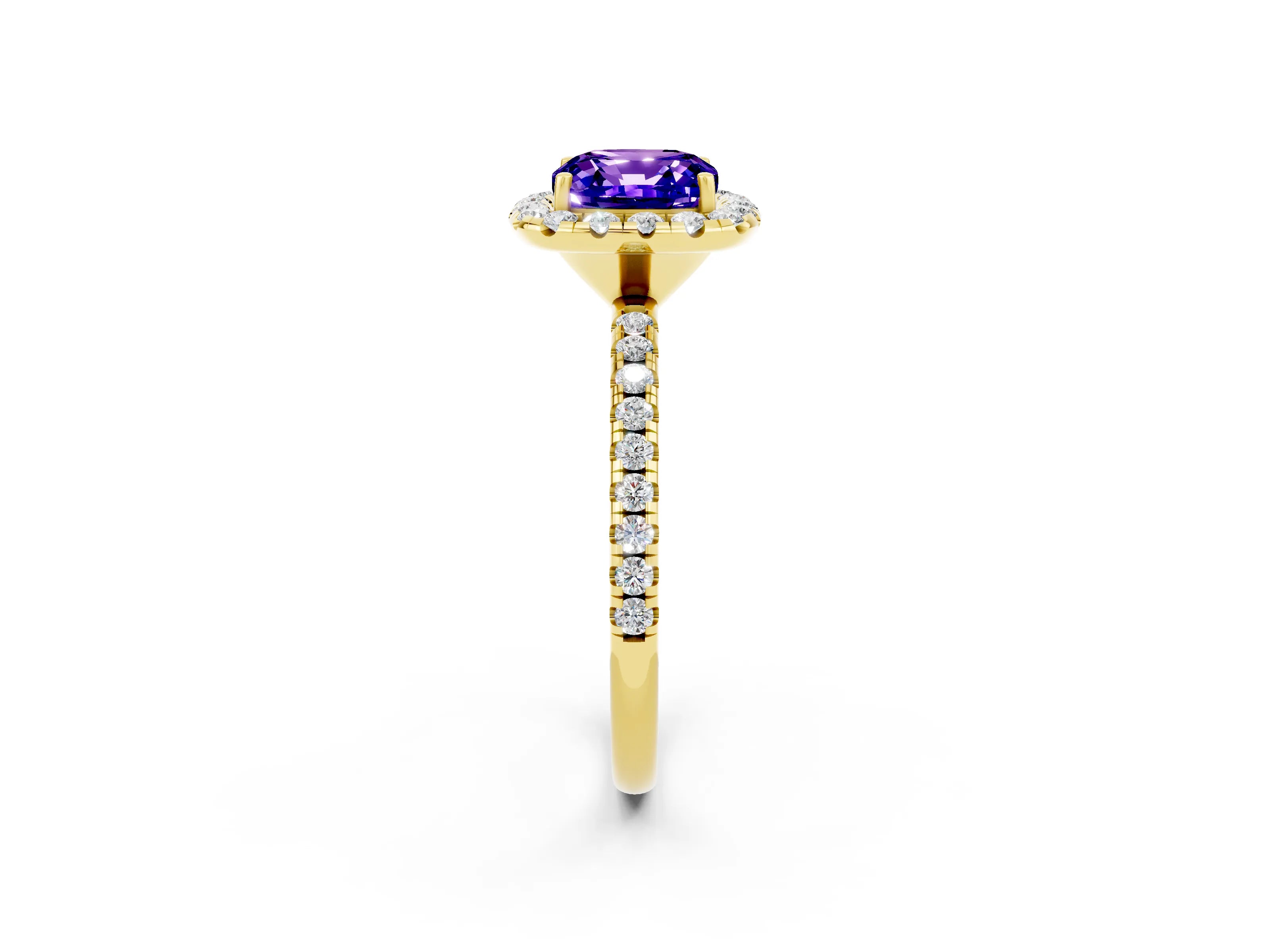 Yellow gold Cushion Cut Halo Round Diamond Pavé Band Four-Prong Ring_2