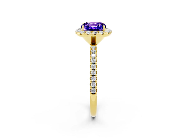 Yellow gold Cushion Cut Tanzanite Halo Ring with Round Pavé Band and Prong Setting