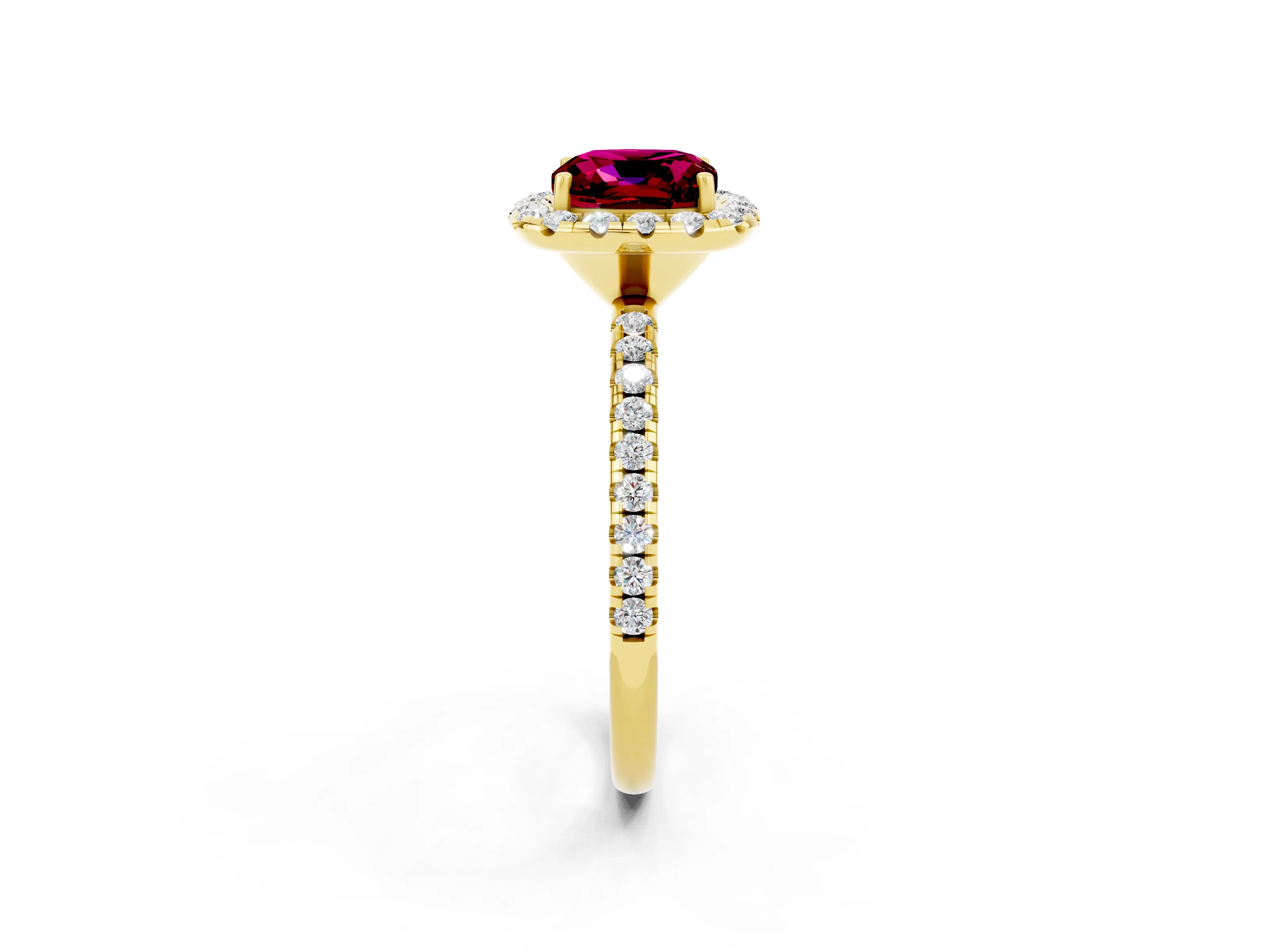 Yellow gold Cushion Cut Halo Round Diamond Pavé Band Four-Prong Ring_2