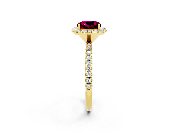 Yellow gold Cushion Cut Garnet Halo Ring with Round Pavé Band and Prong Setting