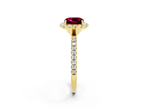 Yellow gold Cushion Cut Halo Round Diamond Pavé Band Four-Prong Ring_2