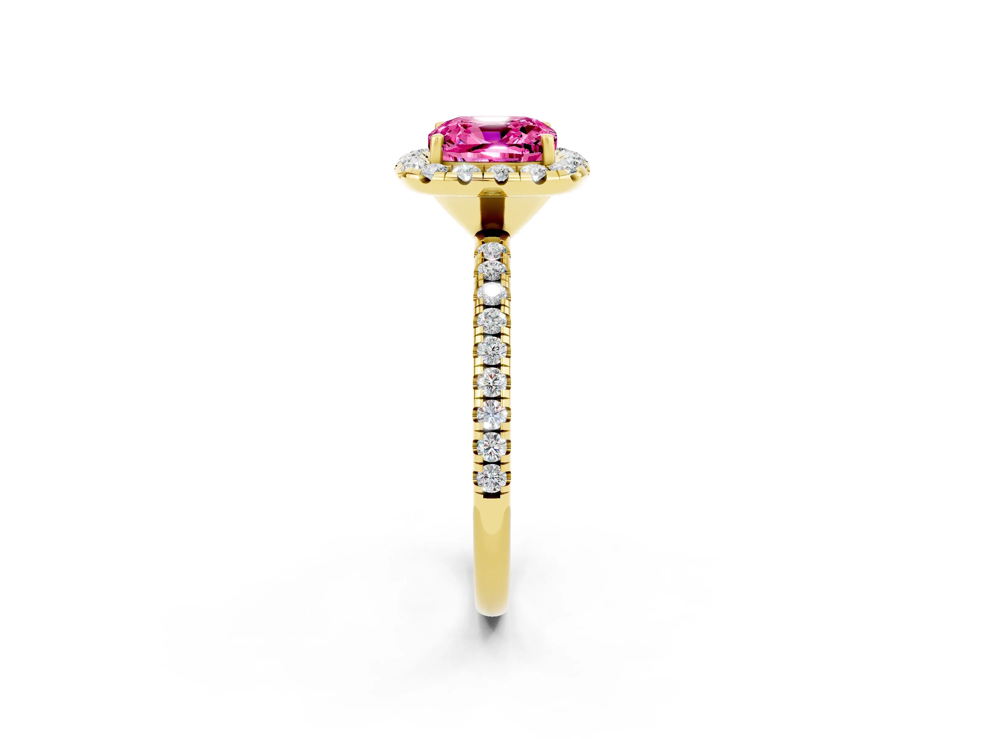 Yellow gold Cushion Cut Halo Round Diamond Pavé Band Four-Prong Ring_2