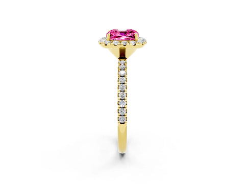 Yellow gold Cushion Cut Halo Round Diamond Pavé Band Four-Prong Ring_2