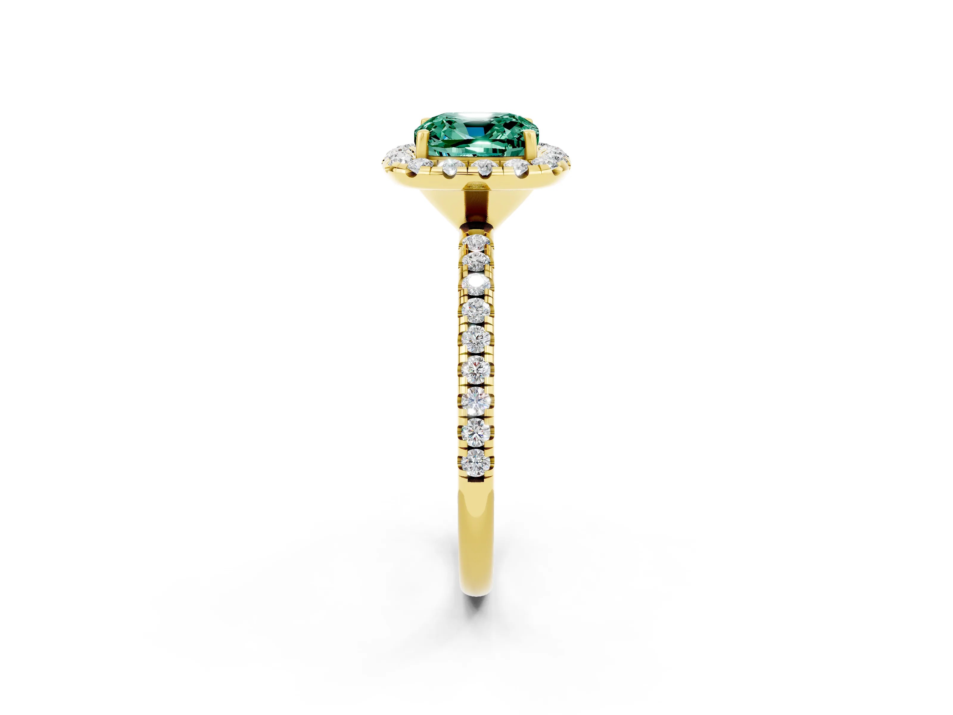 Yellow gold Cushion Cut Halo Round Diamond Pavé Band Four-Prong Ring_2