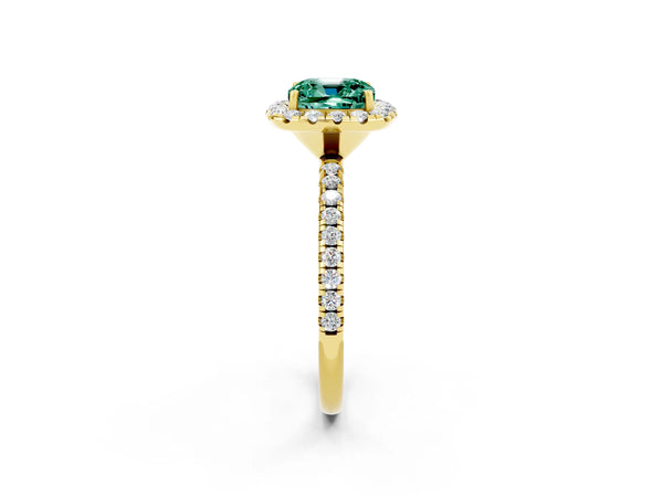Yellow gold Cushion Cut Green Sapphire Halo Ring with Round Pavé Band and Prong Setting
