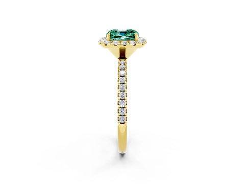 Yellow gold Cushion Cut Halo Round Diamond Pavé Band Four-Prong Ring_2