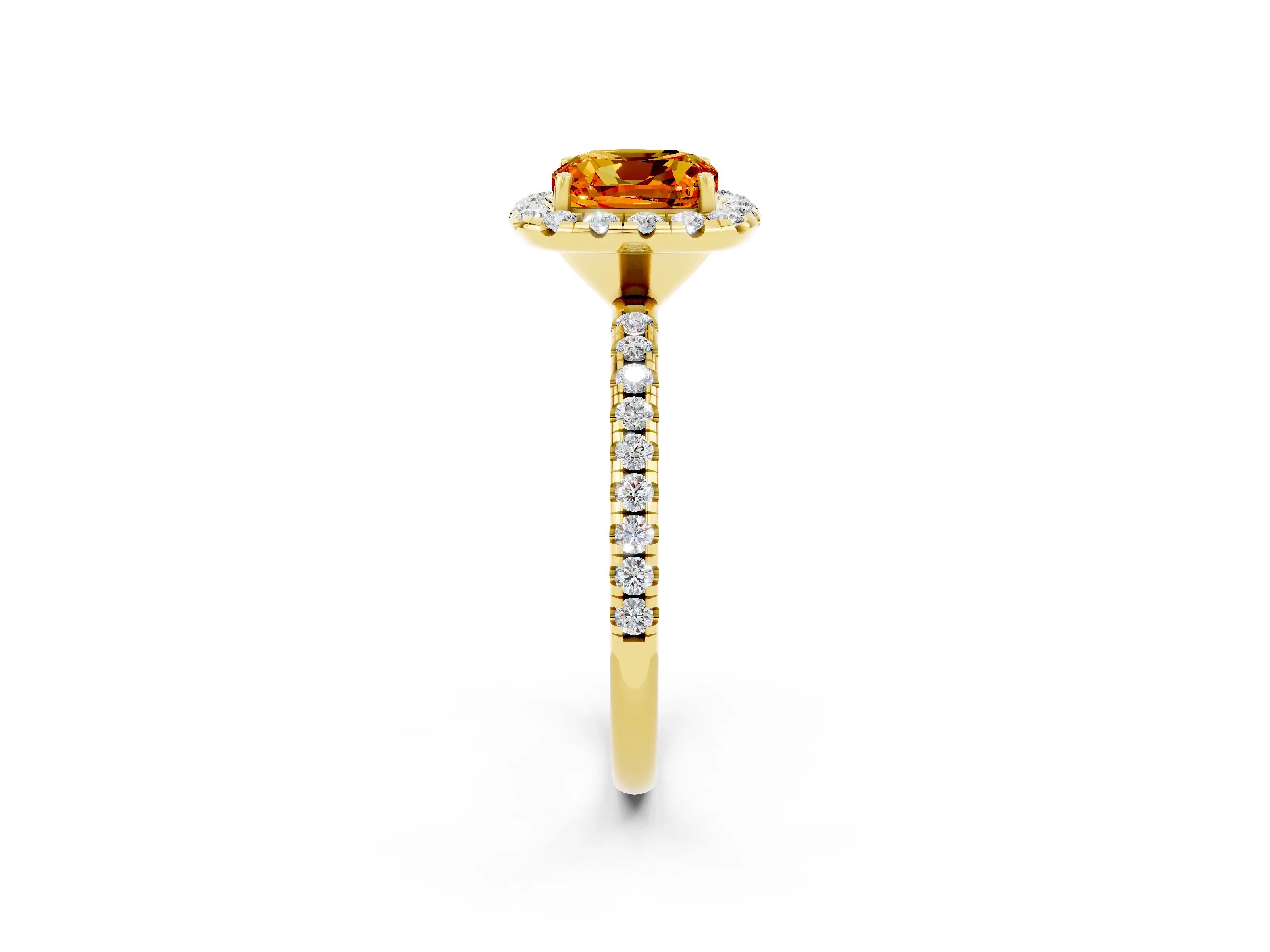 Yellow gold Cushion Cut Halo Round Diamond Pavé Band Four-Prong Ring_2
