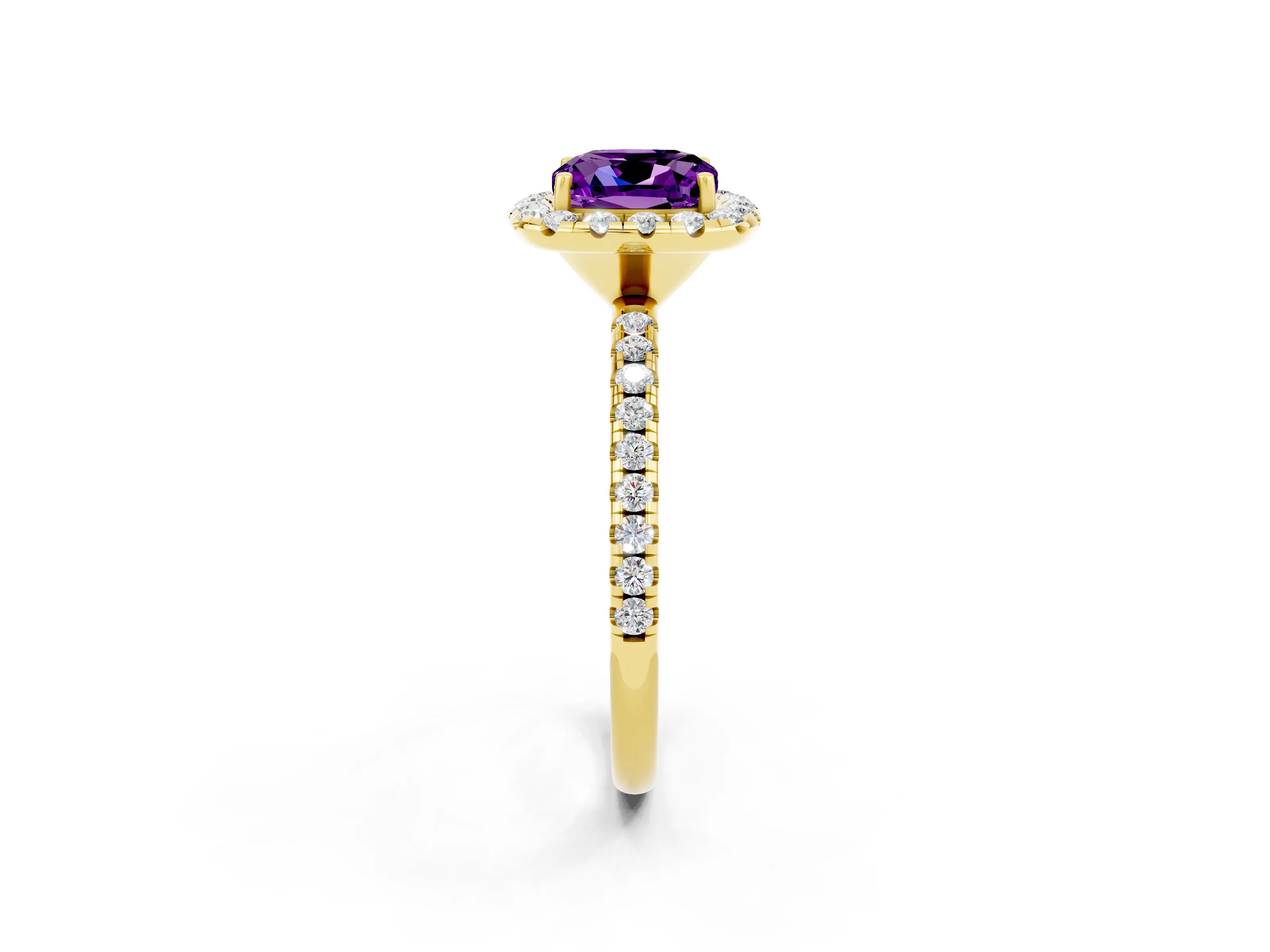 Yellow gold Cushion Cut Halo Round Diamond Pavé Band Four-Prong Ring_2