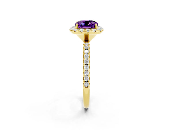 Yellow gold Cushion Cut Amethyst Halo Ring with Round Pavé Band and Prong Setting