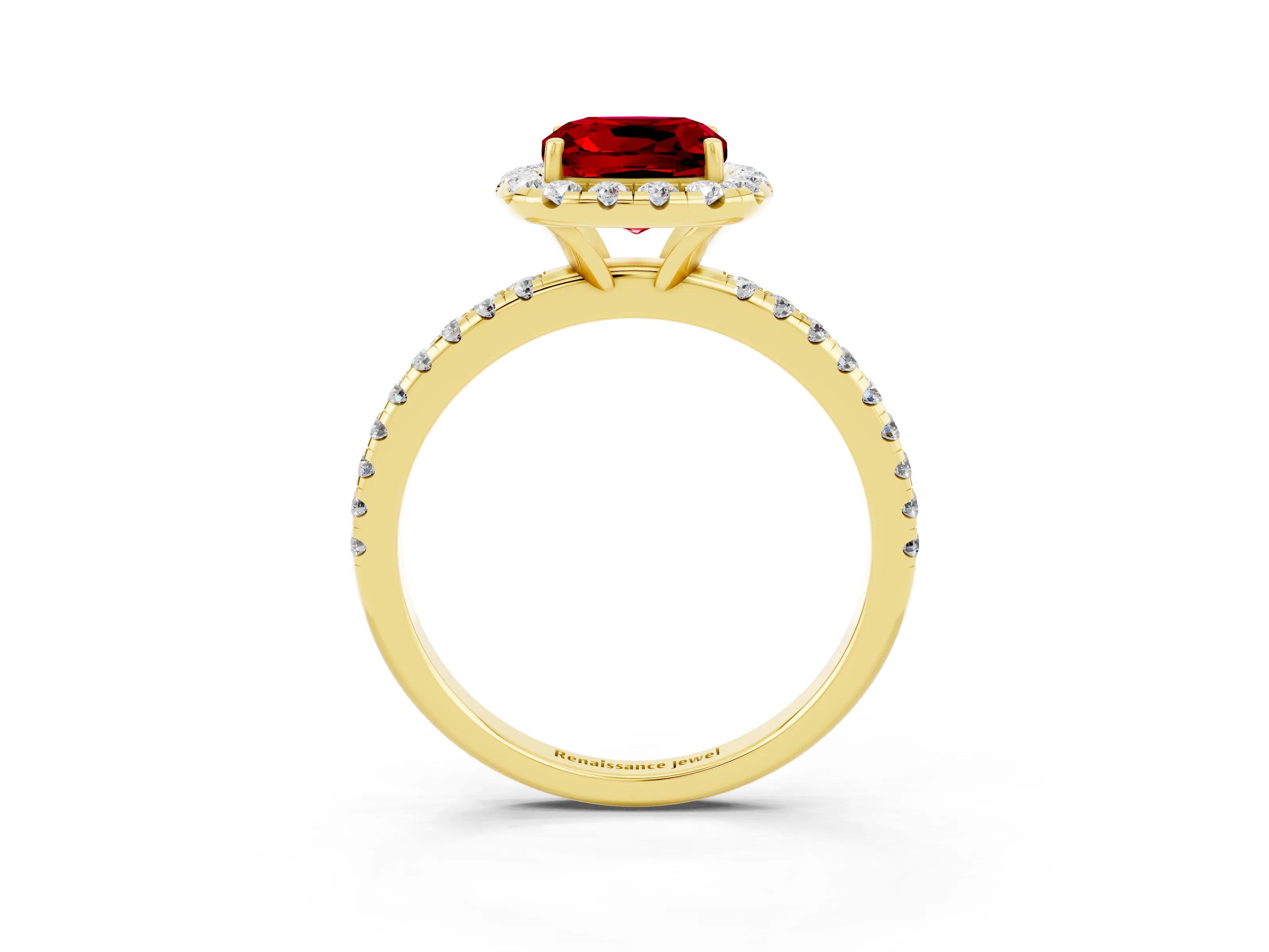 Yellow gold Cushion Cut Halo Round Diamond Pavé Band Four-Prong Ring_3