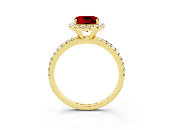 Yellow gold Cushion Cut Halo Round Diamond Pavé Band Four-Prong Ring