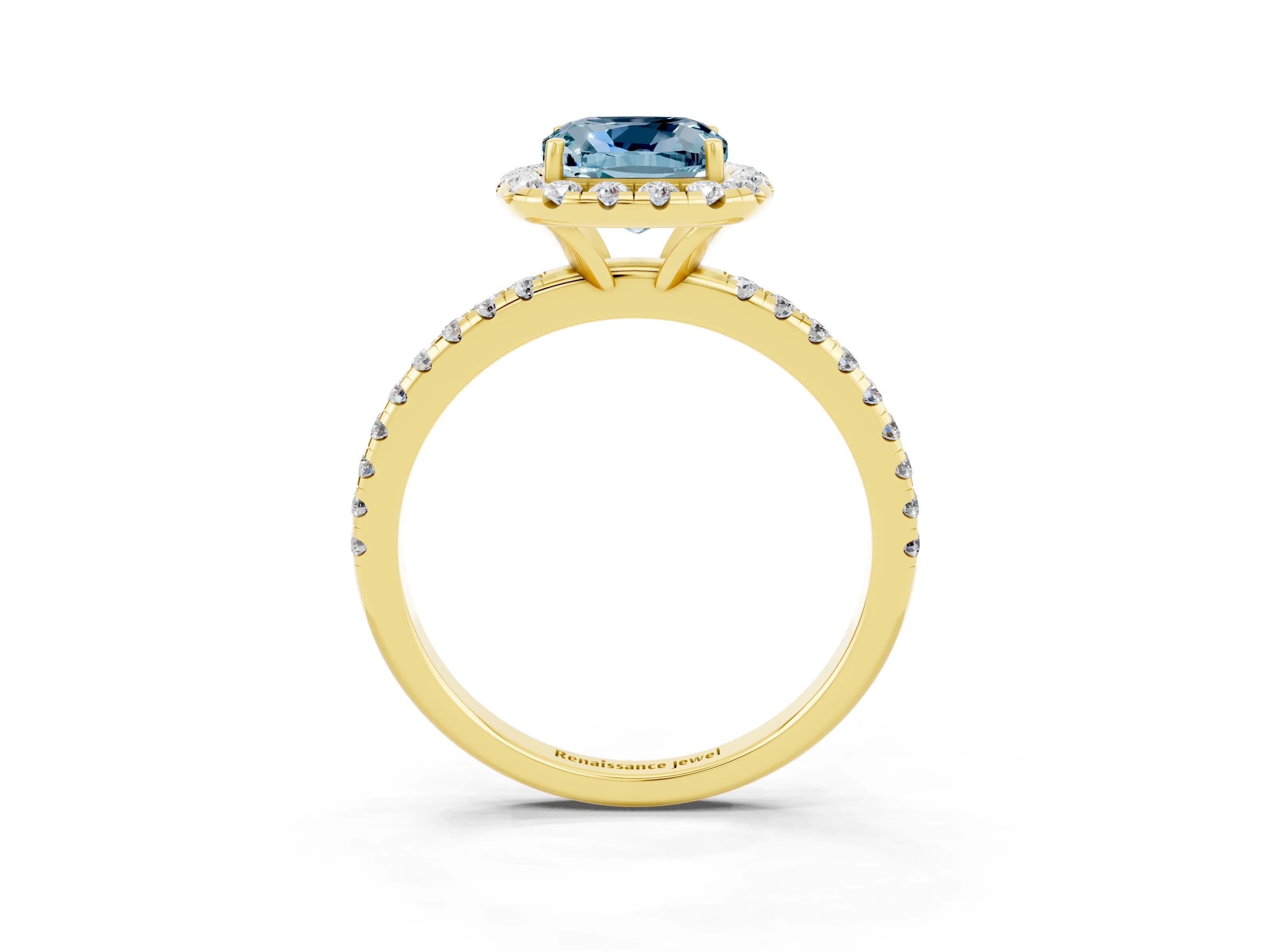 Yellow gold Cushion Cut Halo Round Diamond Pavé Band Four-Prong Ring_3