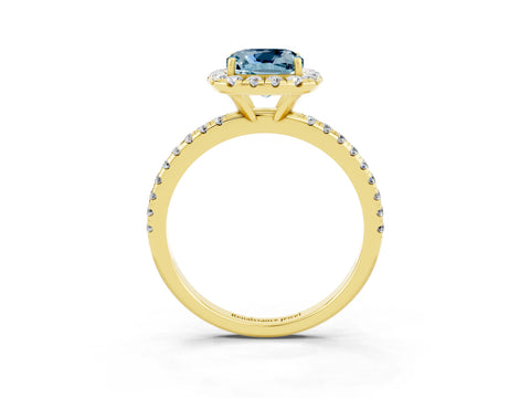 Yellow gold Cushion Cut Halo Round Diamond Pavé Band Four-Prong Ring_3