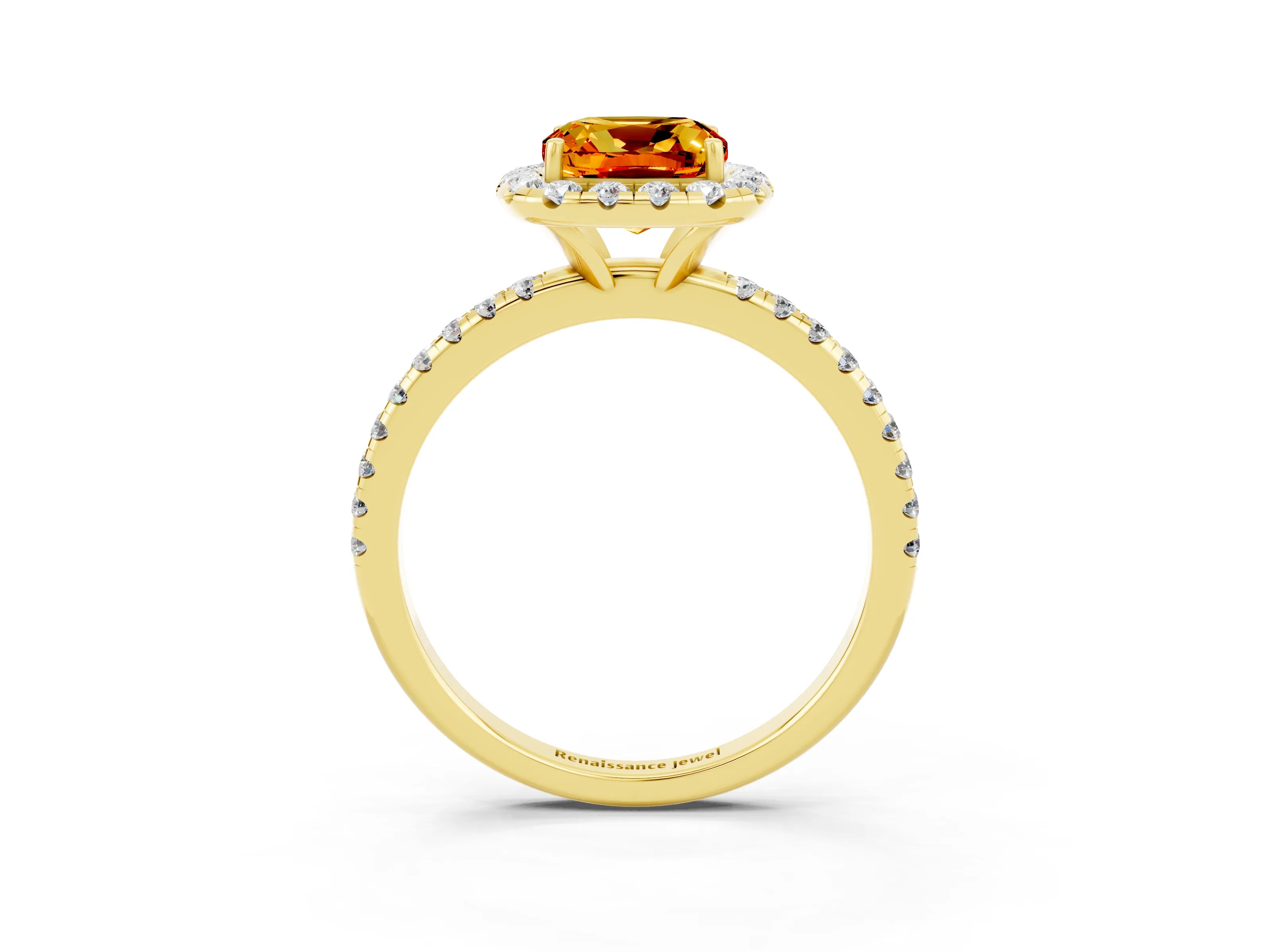 Yellow gold Cushion Cut Halo Round Diamond Pavé Band Four-Prong Ring_3