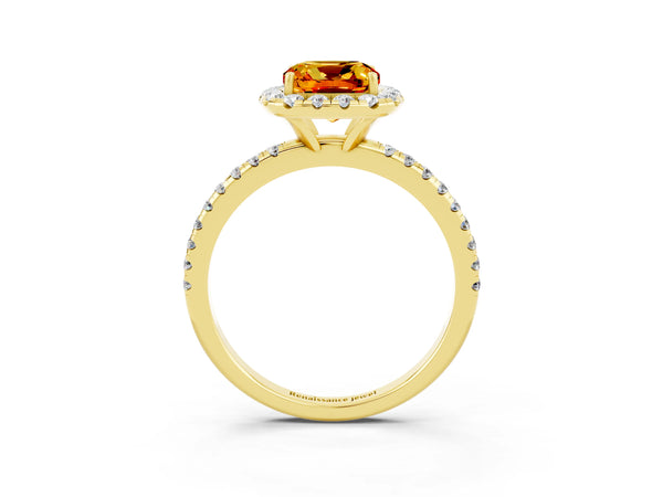 Yellow gold Cushion Cut Citrine Halo Ring with Round Pavé Band and Prong Setting