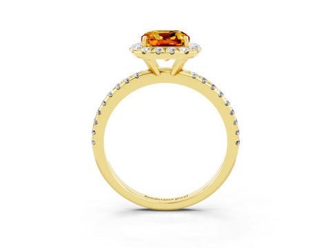 Yellow gold Cushion Cut Halo Round Diamond Pavé Band Four-Prong Ring_3